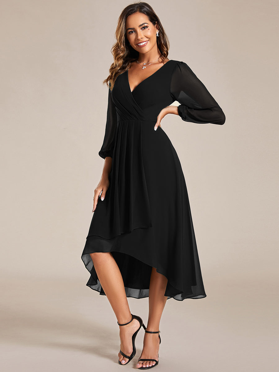 Color=Black | Bulk Order Long Sleeve Asymmetrical Hem Deep V-Neck Non-Stretch Wedding Guest Dresses-Black 15