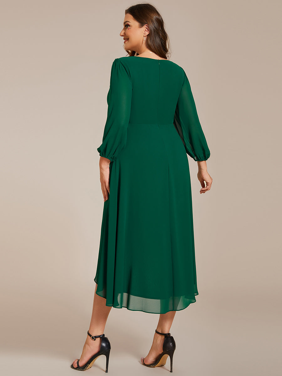 Color=Dark Green | Bulk Order Long Sleeve Asymmetrical Hem Deep V-Neck Non-Stretch Wedding Guest Dresses-Dark Green 27