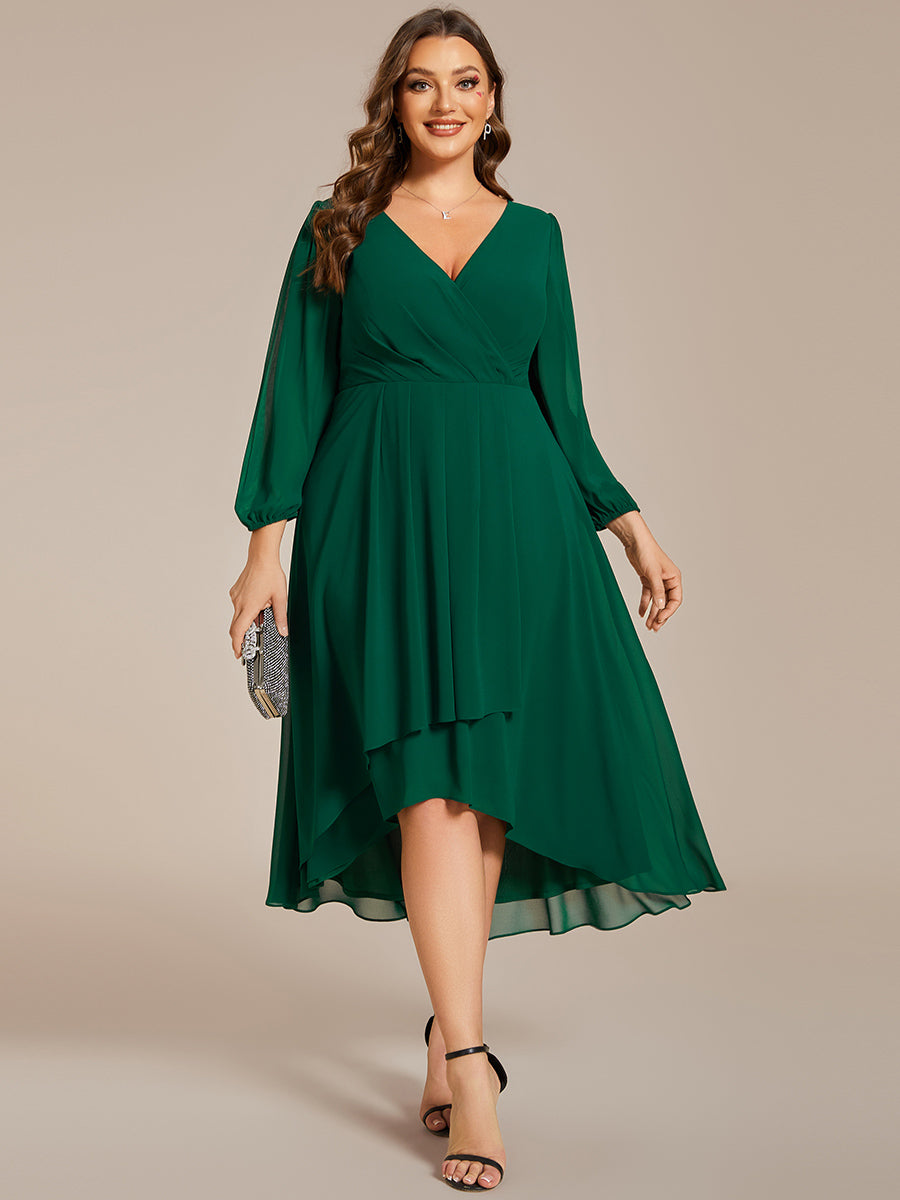 Color=Dark Green | Bulk Order Long Sleeve Asymmetrical Hem Deep V-Neck Non-Stretch Wedding Guest Dresses-Dark Green 30
