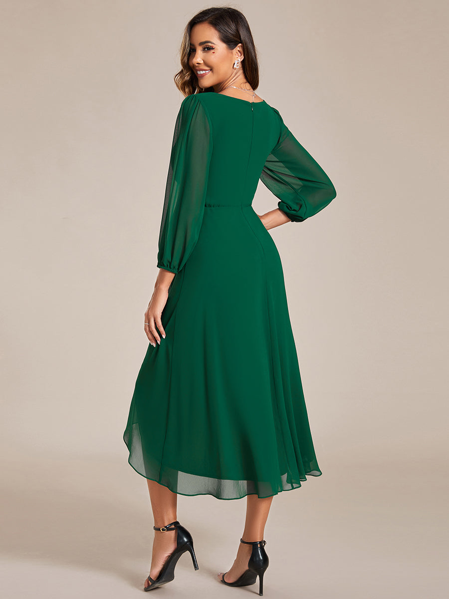 Color=Dark Green | Bulk Order Long Sleeve Asymmetrical Hem Deep V-Neck Non-Stretch Wedding Guest Dresses-Dark Green 22