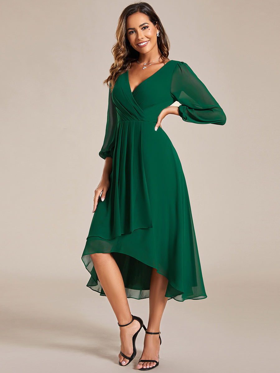 Color=Dark Green | Bulk Order Long Sleeve Asymmetrical Hem Deep V-Neck Non-Stretch Wedding Guest Dresses-Dark Green 24