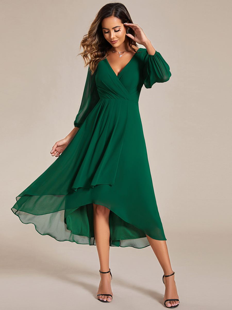 Color=Dark Green | Bulk Order Long Sleeve Asymmetrical Hem Deep V-Neck Non-Stretch Wedding Guest Dresses-Dark Green 25