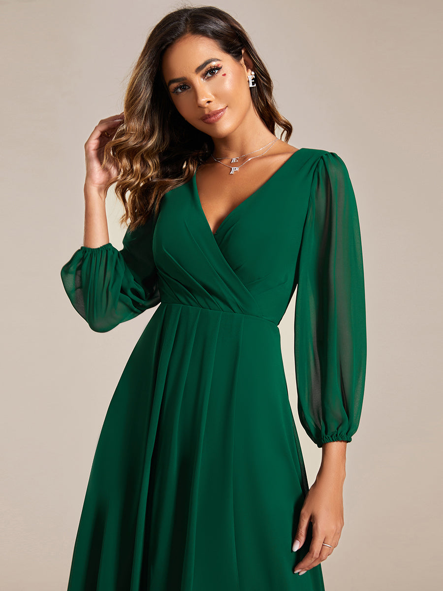 Color=Dark Green | Bulk Order Long Sleeve Asymmetrical Hem Deep V-Neck Non-Stretch Wedding Guest Dresses-Dark Green 23