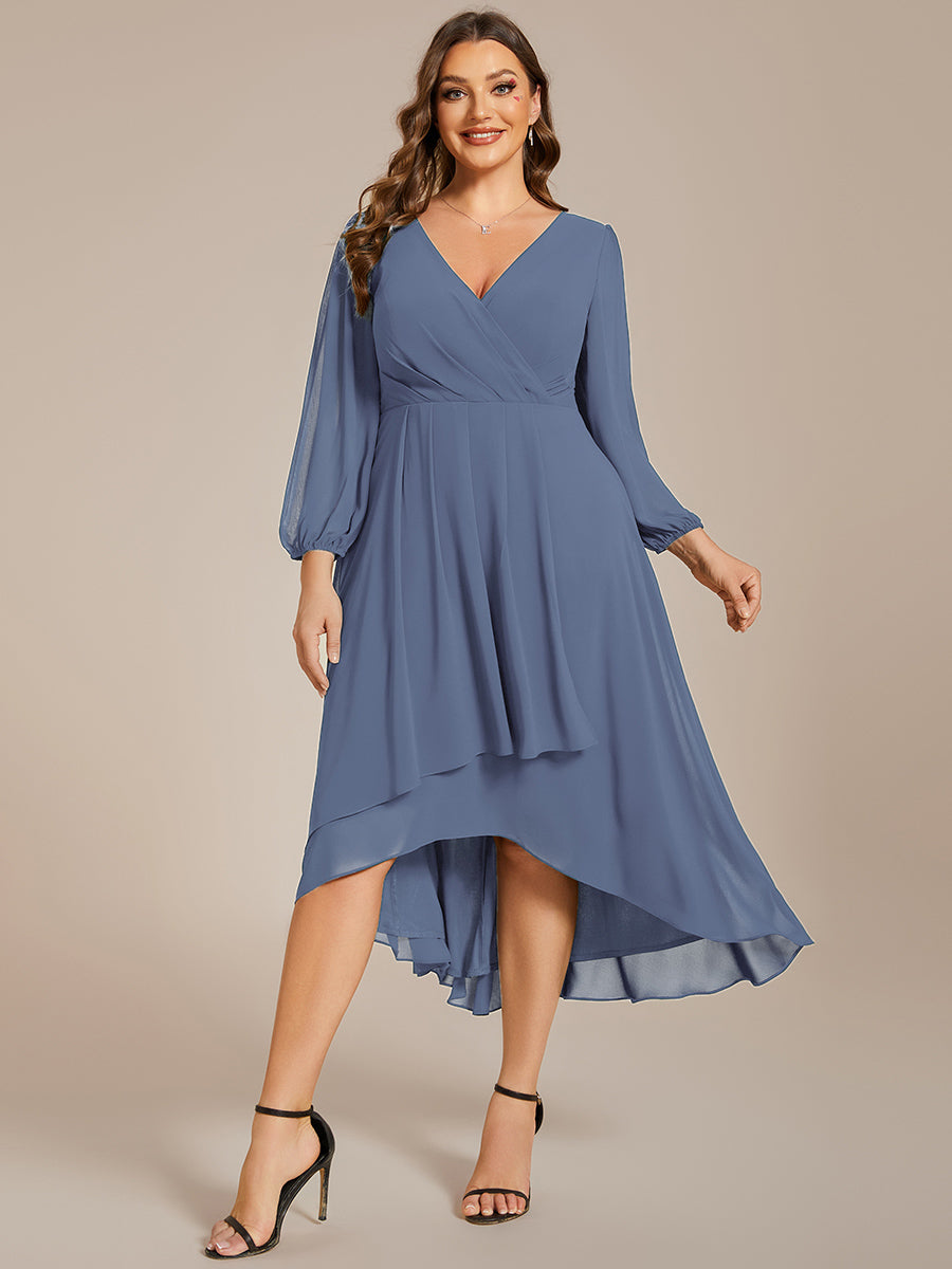 Color=Dusty Blue | Bulk Order Long Sleeve Asymmetrical Hem Deep V-Neck Non-Stretch Wedding Guest Dresses-Dusty Blue 36