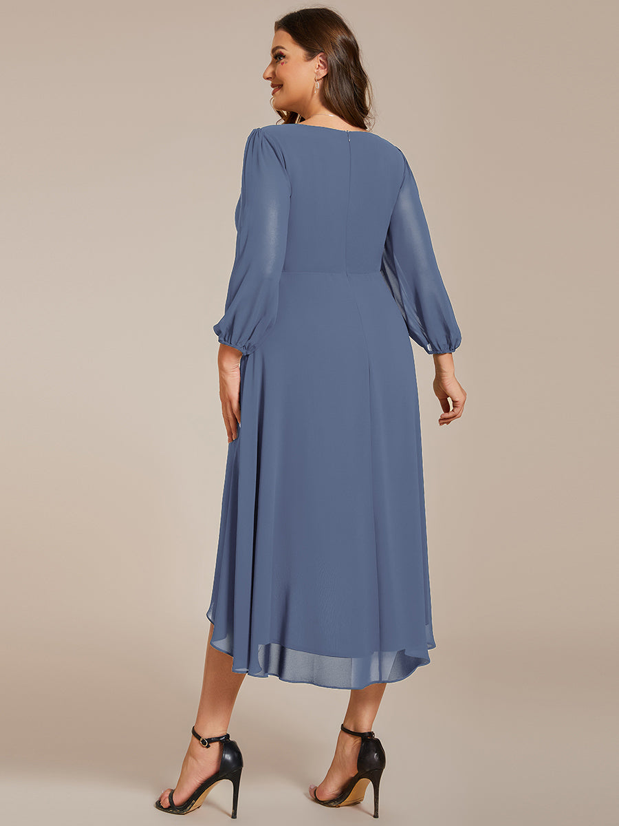 Color=Dusty Blue | Bulk Order Long Sleeve Asymmetrical Hem Deep V-Neck Non-Stretch Wedding Guest Dresses-Dusty Blue 37
