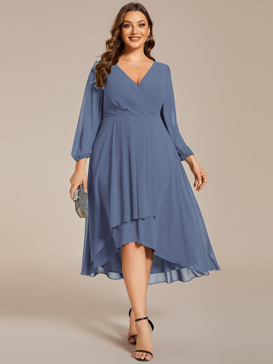 Color=Dusty Blue | Bulk Order Long Sleeve Asymmetrical Hem Deep V-Neck Non-Stretch Wedding Guest Dresses-Dusty Blue 40