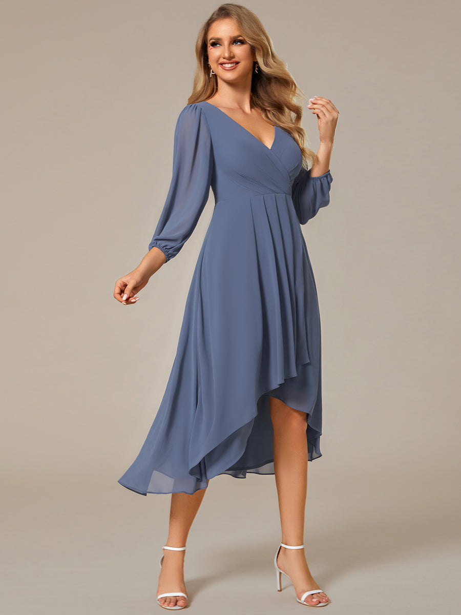 Color=Dusty Blue | Bulk Order Long Sleeve Asymmetrical Hem Deep V-Neck Non-Stretch Wedding Guest Dresses-Dusty Blue 34
