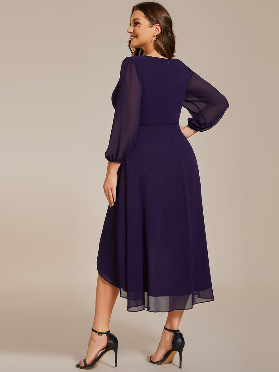 Color=Dark Purple | Bulk Order Long Sleeve Asymmetrical Hem Deep V-Neck Non-Stretch Wedding Guest Dresses-Dark Purple 47