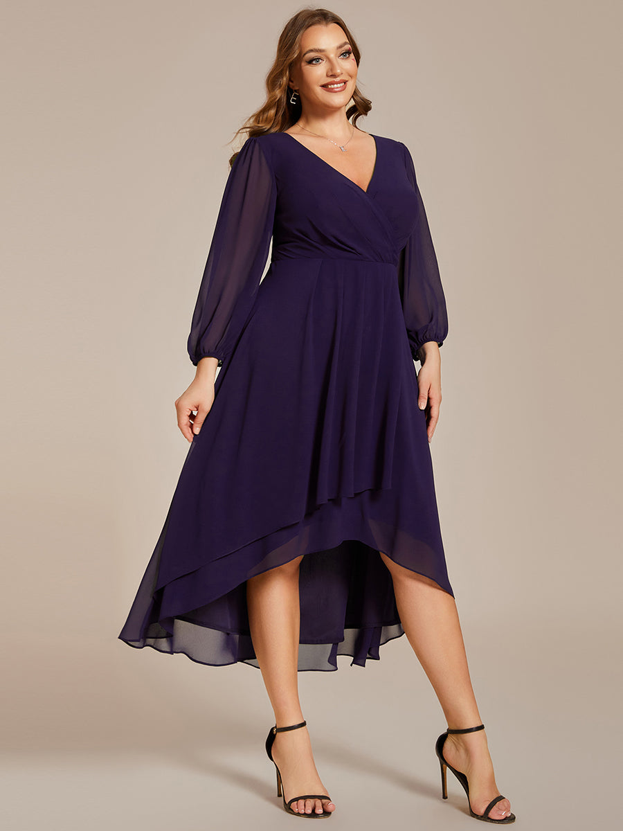Color=Dark Purple | Bulk Order Long Sleeve Asymmetrical Hem Deep V-Neck Non-Stretch Wedding Guest Dresses-Dark Purple 49