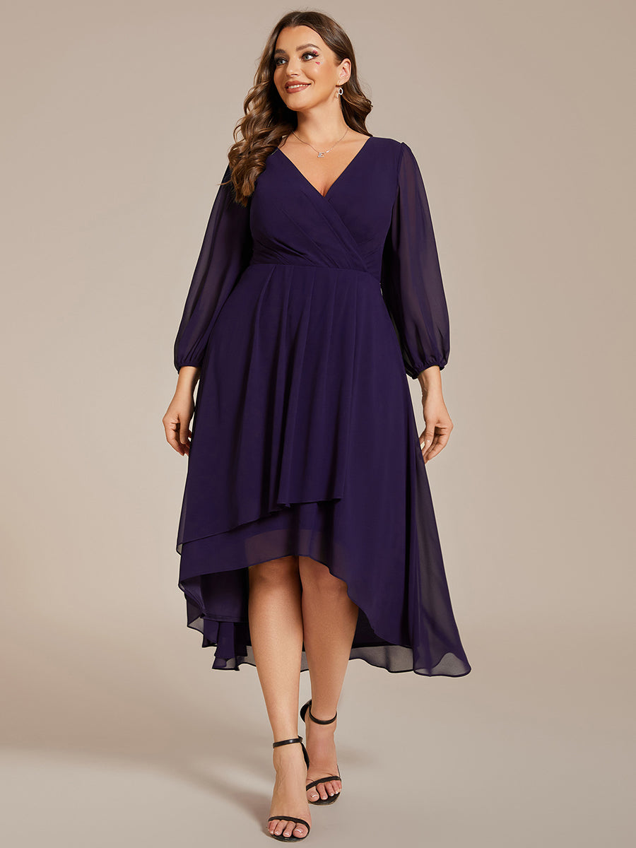Color=Dark Purple | Bulk Order Long Sleeve Asymmetrical Hem Deep V-Neck Non-Stretch Wedding Guest Dresses-Dark Purple 50
