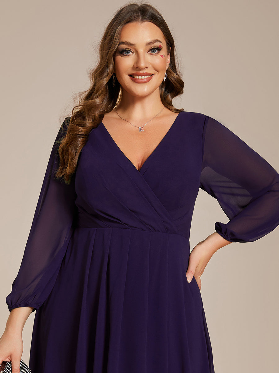 Color=Dark Purple | Bulk Order Long Sleeve Asymmetrical Hem Deep V-Neck Non-Stretch Wedding Guest Dresses-Dark Purple 48