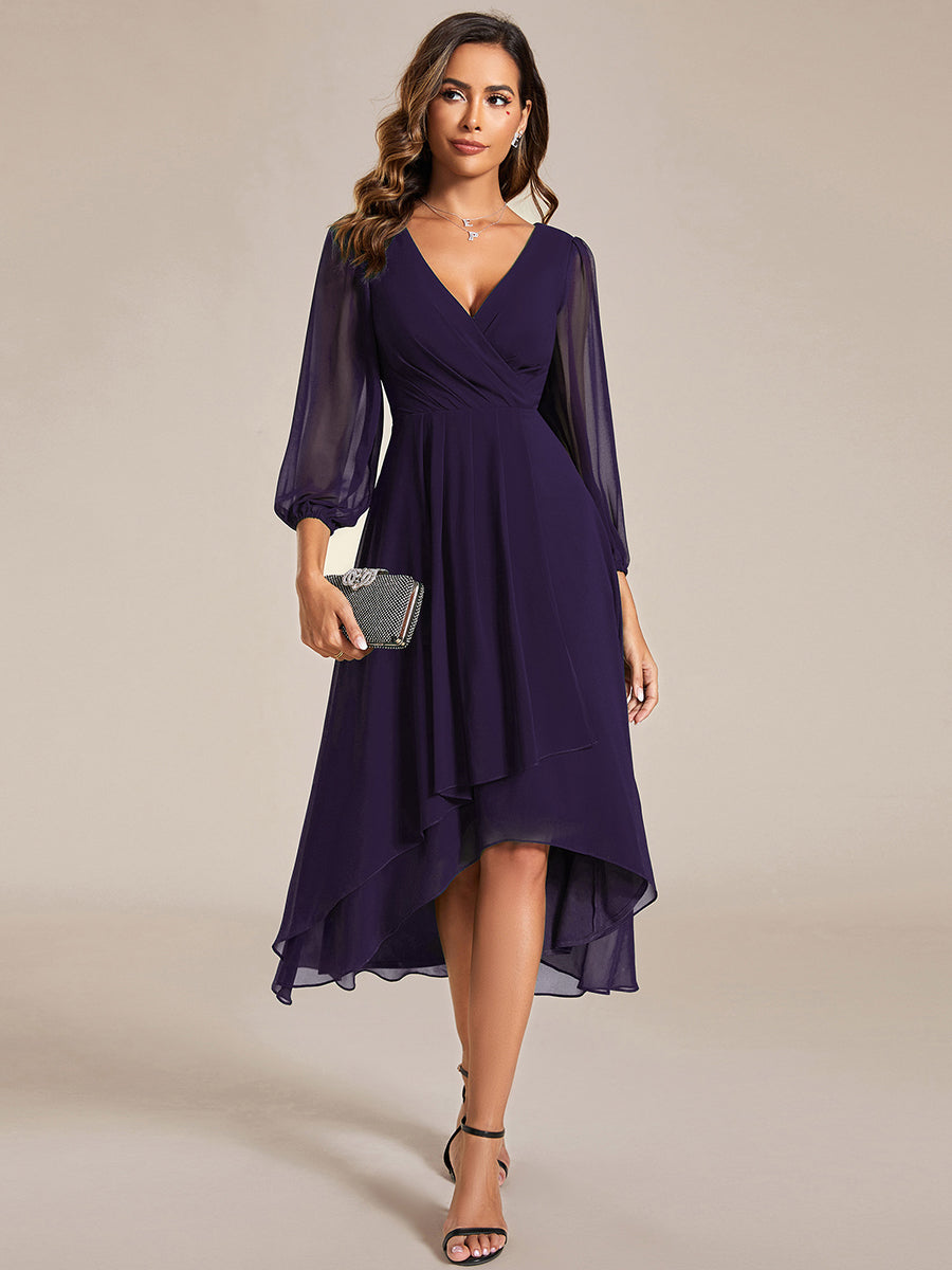 Color=Dark Purple | Bulk Order Long Sleeve Asymmetrical Hem Deep V-Neck Non-Stretch Wedding Guest Dresses-Dark Purple 41