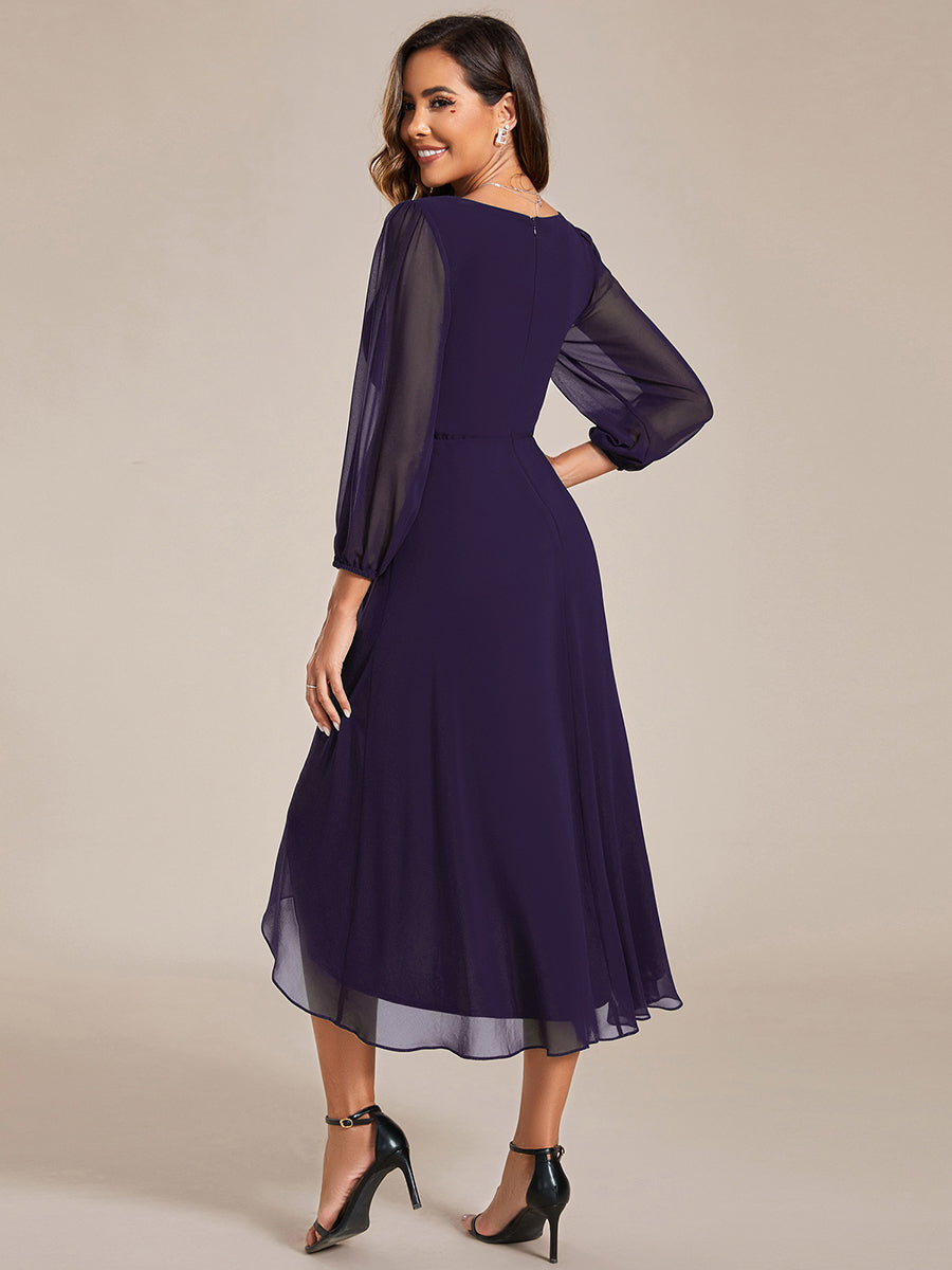 Color=Dark Purple | Bulk Order Long Sleeve Asymmetrical Hem Deep V-Neck Non-Stretch Wedding Guest Dresses-Dark Purple 42