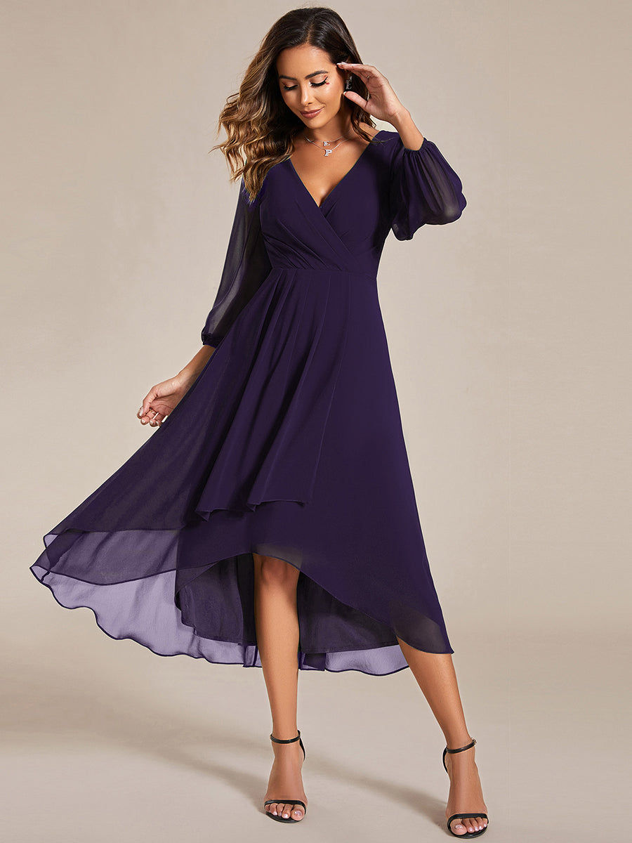 Color=Dark Purple | Bulk Order Long Sleeve Asymmetrical Hem Deep V-Neck Non-Stretch Wedding Guest Dresses-Dark Purple 44