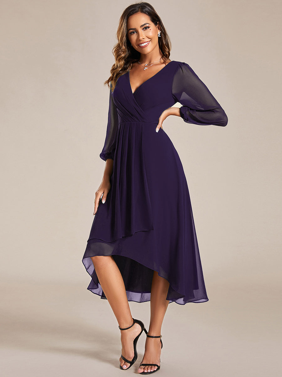 Color=Dark Purple | Bulk Order Long Sleeve Asymmetrical Hem Deep V-Neck Non-Stretch Wedding Guest Dresses-Dark Purple 45