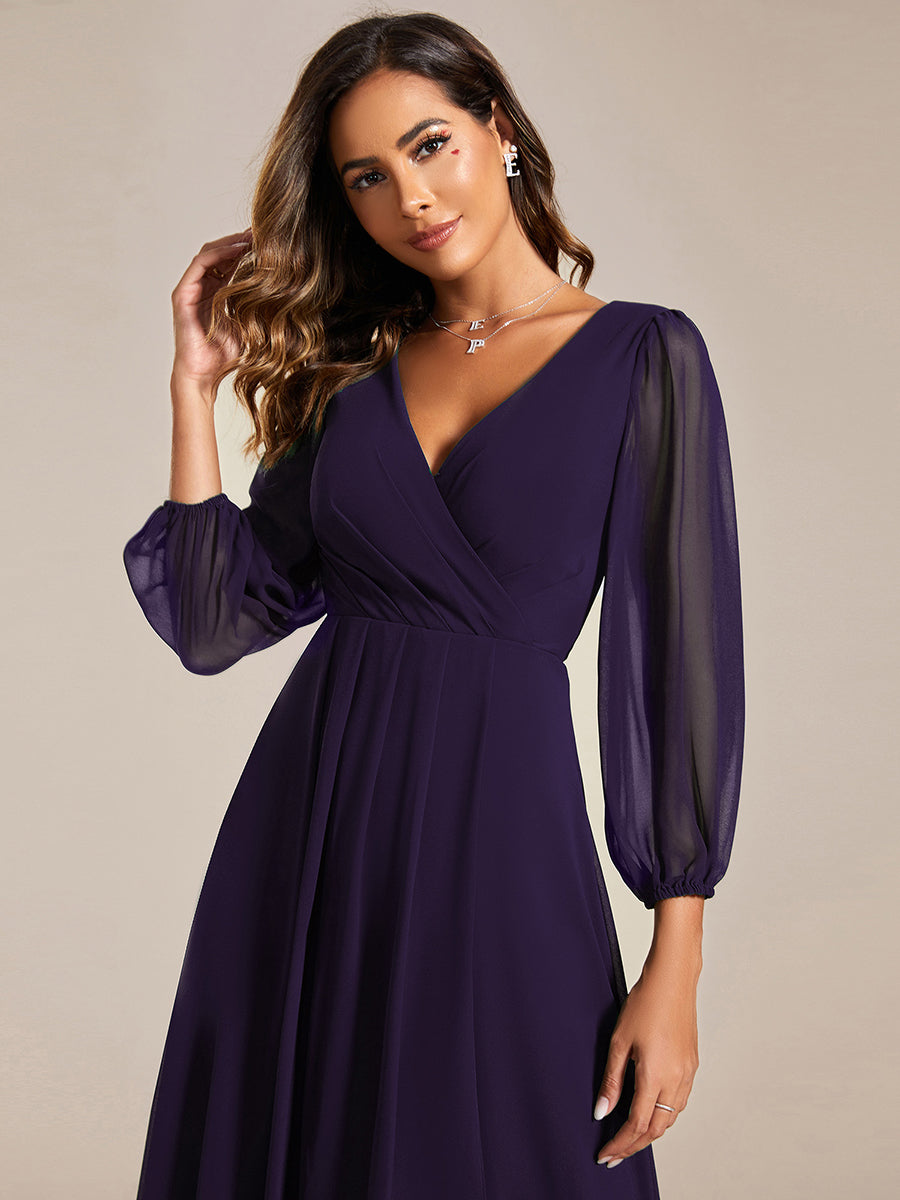 Color=Dark Purple | Bulk Order Long Sleeve Asymmetrical Hem Deep V-Neck Non-Stretch Wedding Guest Dresses-Dark Purple 43