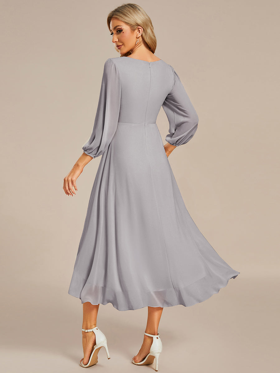 Color=Grey | Bulk Order Long Sleeve Asymmetrical Hem Deep V-Neck Non-Stretch Wedding Guest Dresses-Grey 2