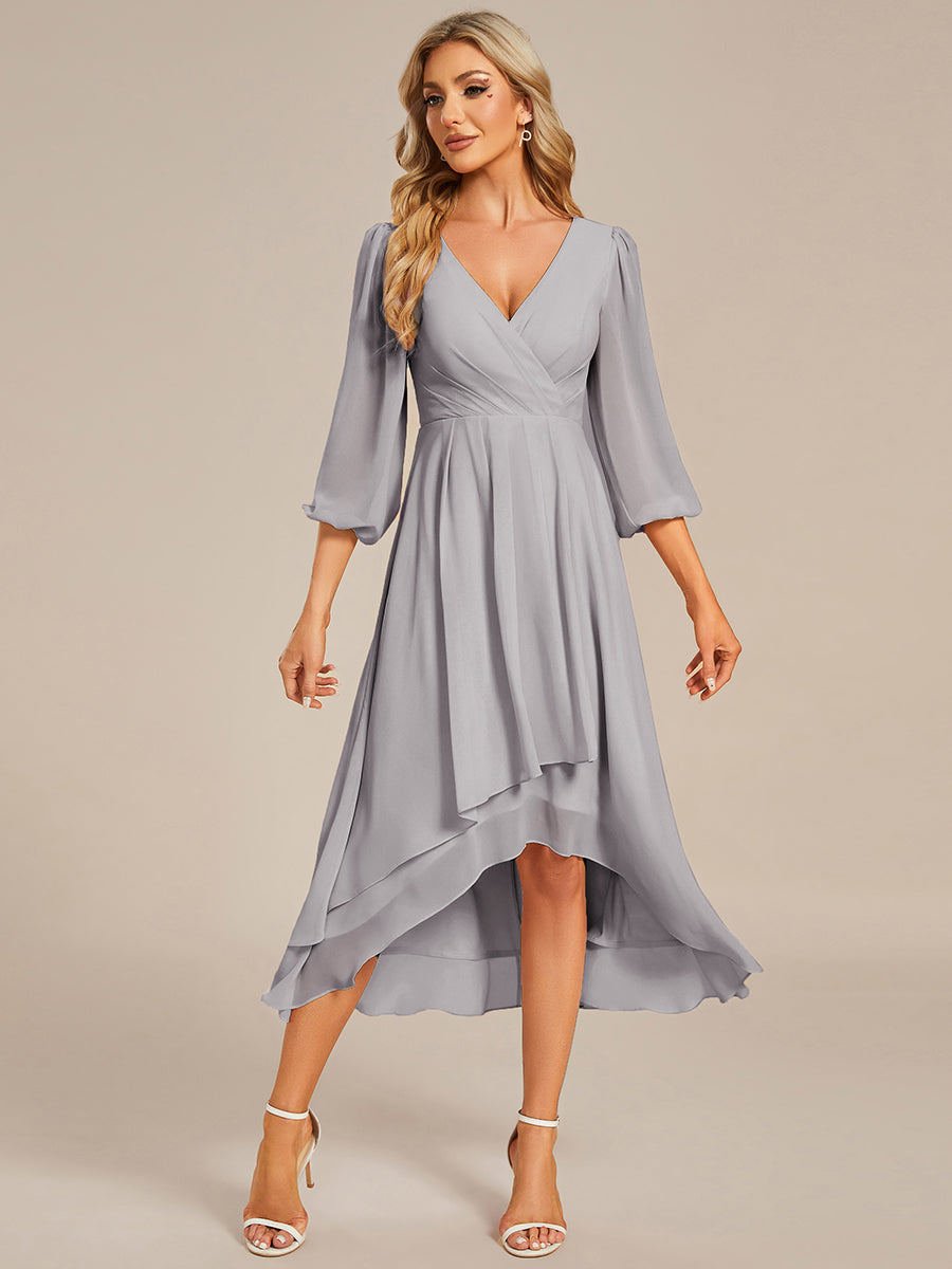 Color=Grey | Bulk Order Long Sleeve Asymmetrical Hem Deep V-Neck Non-Stretch Wedding Guest Dresses-Grey 3