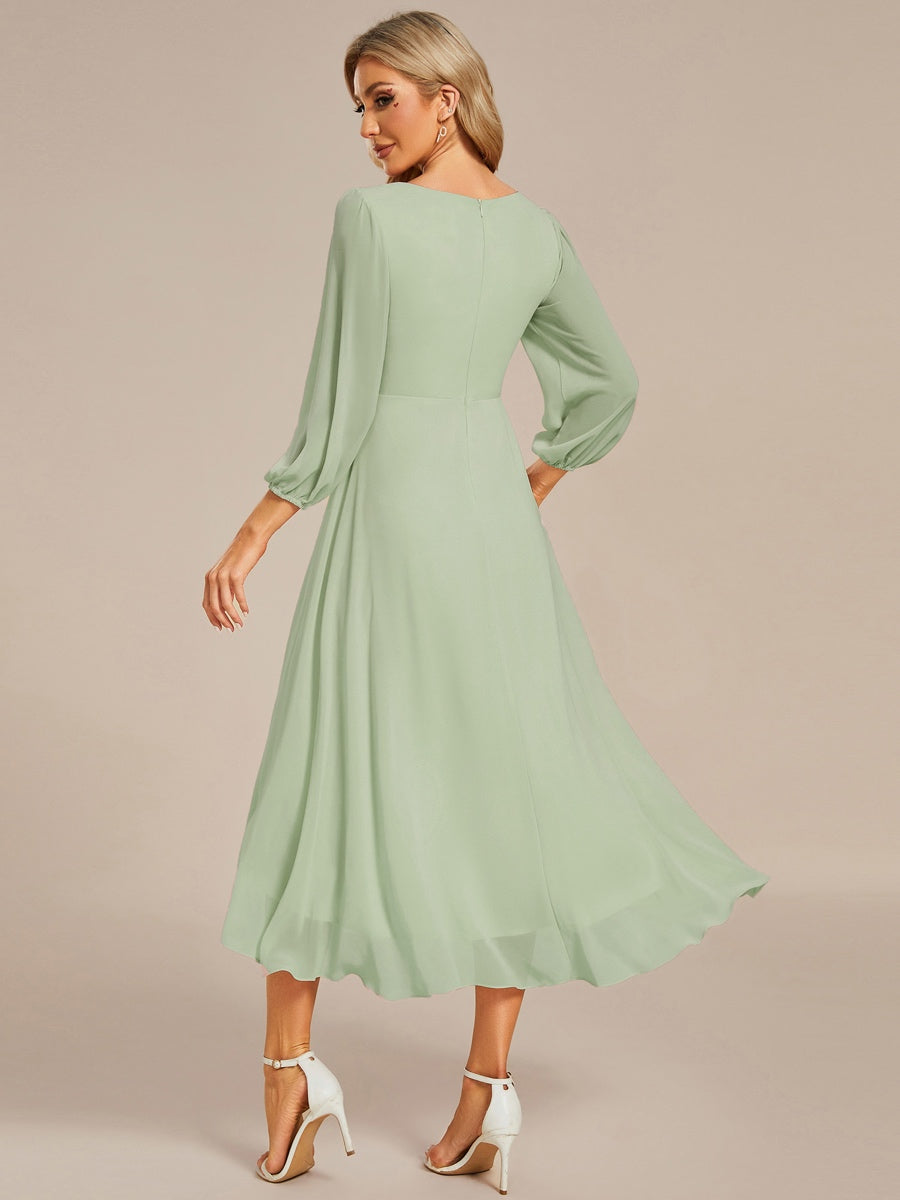 Color=Mint Green | Bulk Order Long Sleeve Asymmetrical Hem Deep V-Neck Non-Stretch Wedding Guest Dresses - Mint Green 2