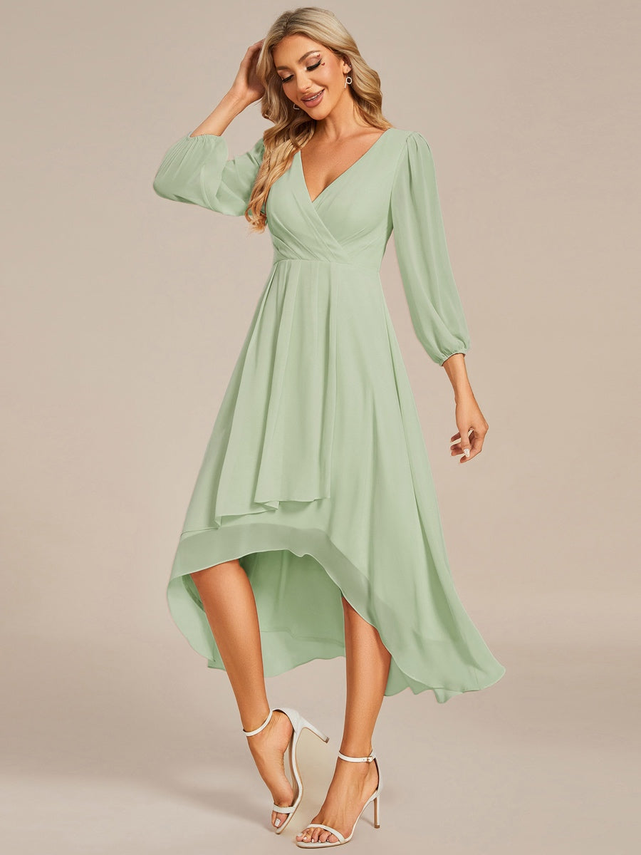 Color=Mint Green | Bulk Order Long Sleeve Asymmetrical Hem Deep V-Neck Non-Stretch Wedding Guest Dresses - Mint Green 4