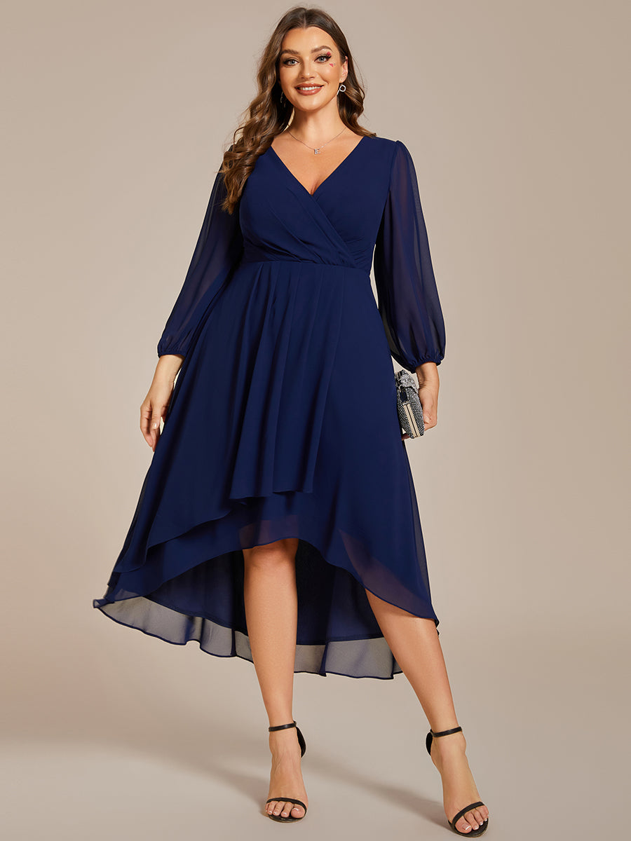 Color=Navy Blue | Bulk Order Long Sleeve Asymmetrical Hem Deep V-Neck Non-Stretch Wedding Guest Dresses-Navy Blue 56