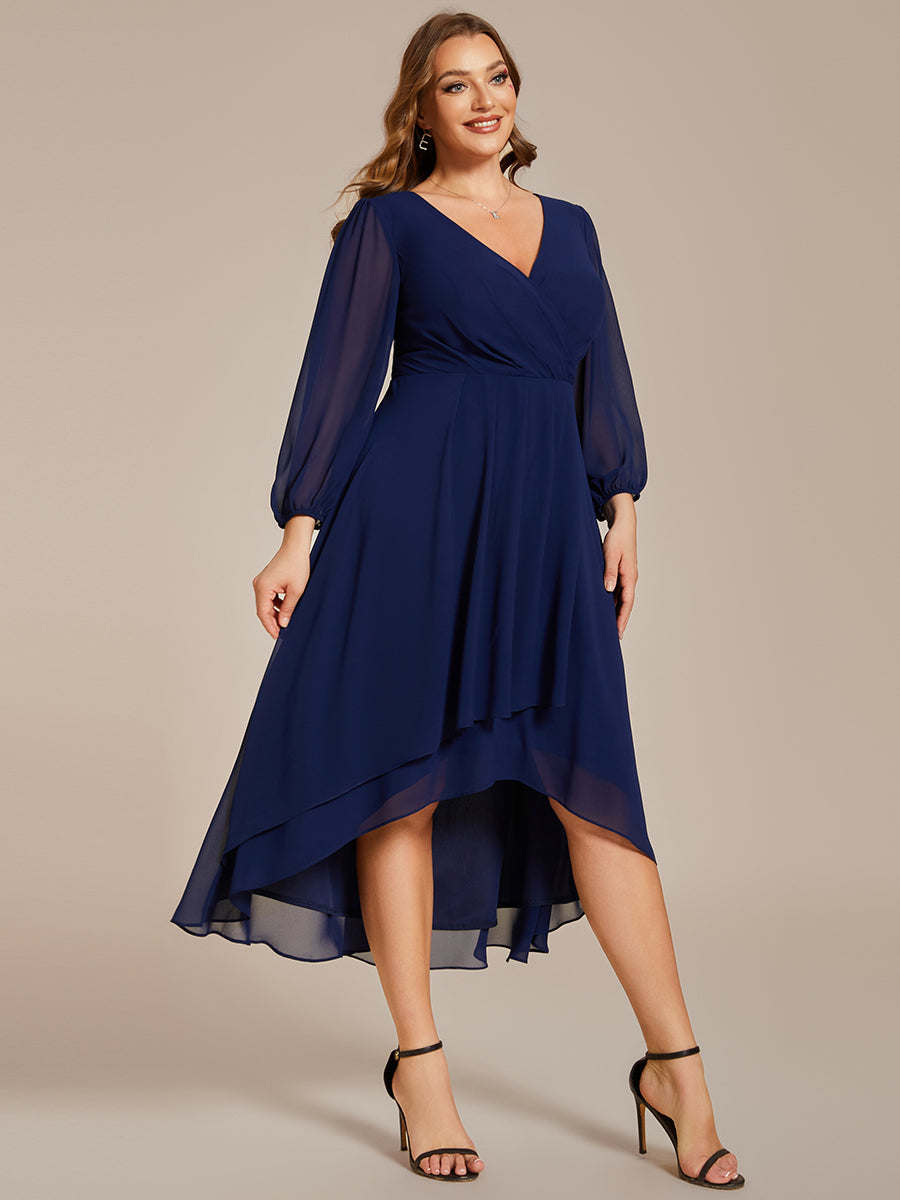 Color=Navy Blue | Bulk Order Long Sleeve Asymmetrical Hem Deep V-Neck Non-Stretch Wedding Guest Dresses-Navy Blue 59