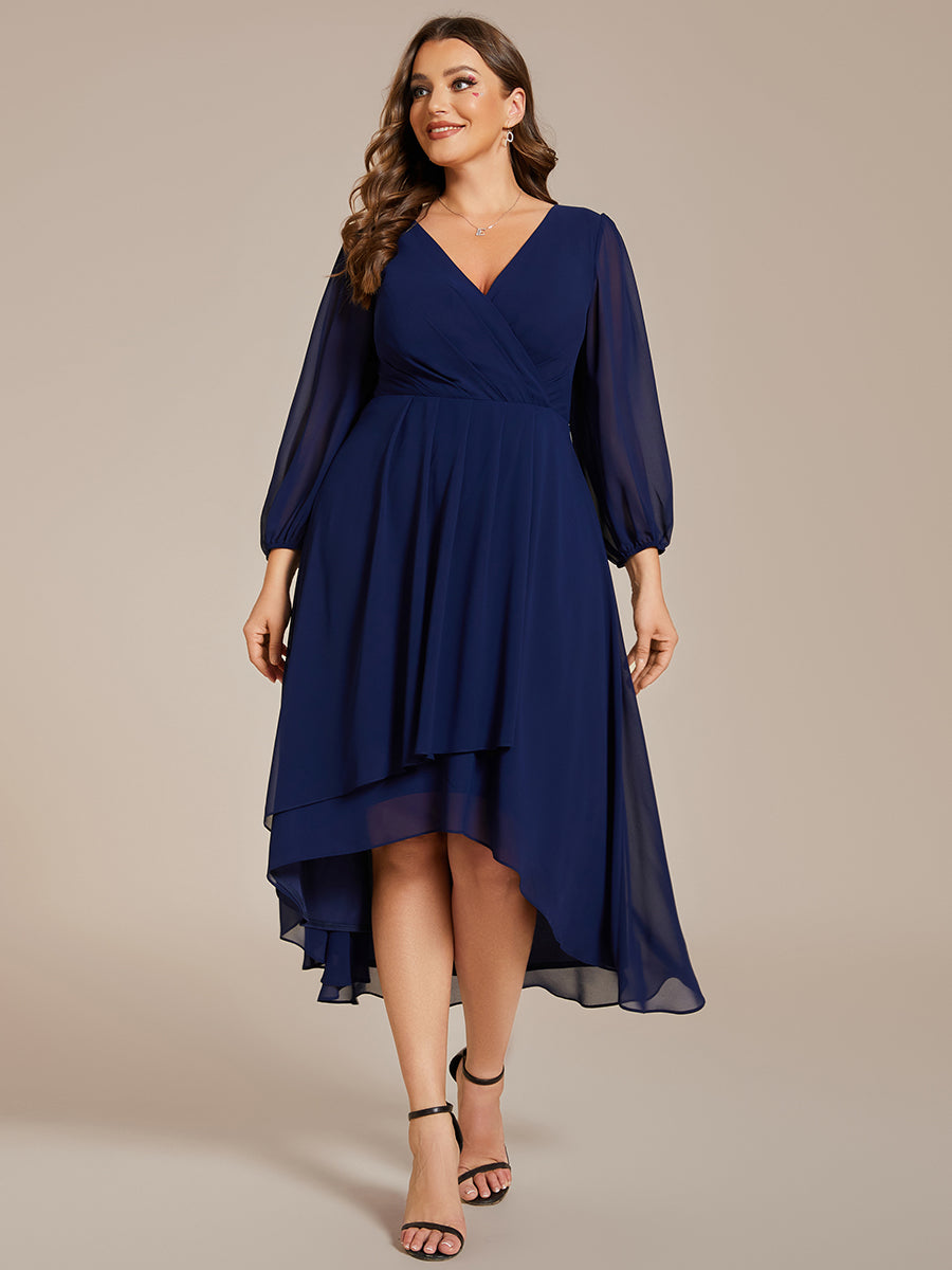 Color=Navy Blue | Bulk Order Long Sleeve Asymmetrical Hem Deep V-Neck Non-Stretch Wedding Guest Dresses-Navy Blue 60