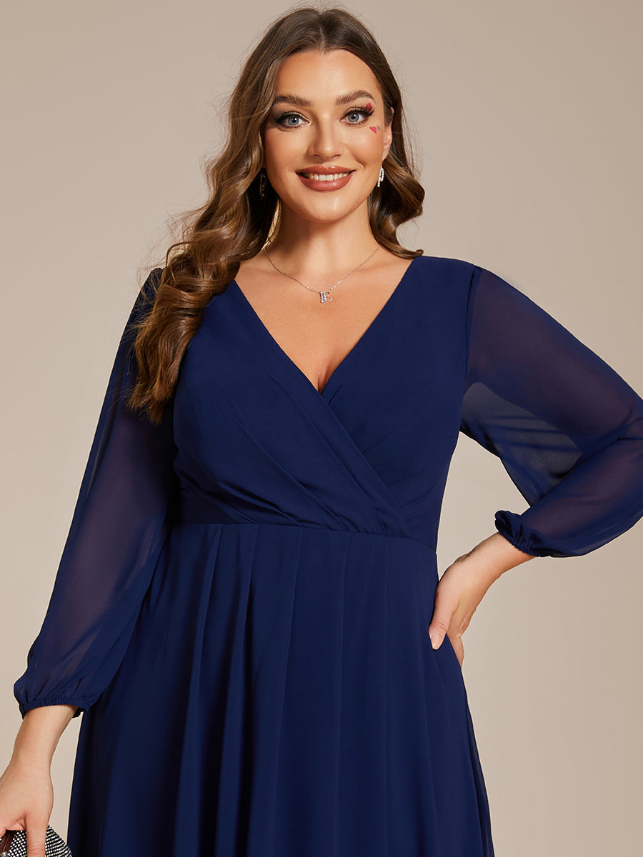 Color=Navy Blue | Bulk Order Long Sleeve Asymmetrical Hem Deep V-Neck Non-Stretch Wedding Guest Dresses-Navy Blue 58