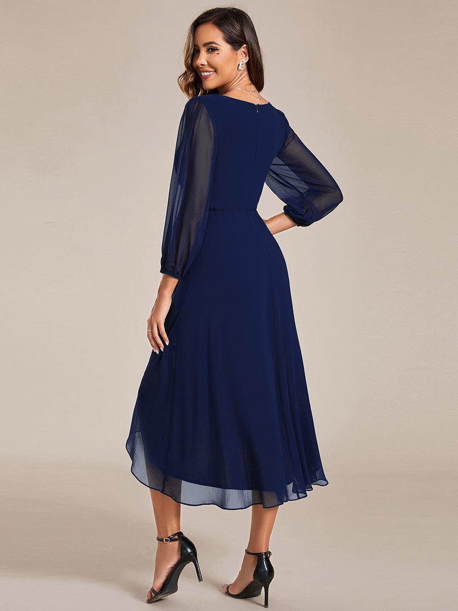 Color=Navy Blue | Bulk Order Long Sleeve Asymmetrical Hem Deep V-Neck Non-Stretch Wedding Guest Dresses-Navy Blue 52