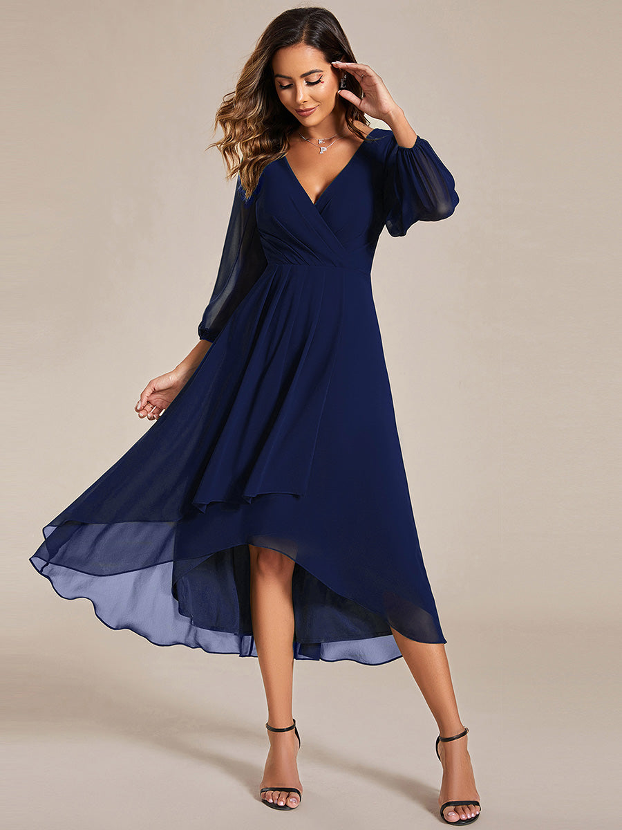 Color=Navy Blue | Bulk Order Long Sleeve Asymmetrical Hem Deep V-Neck Non-Stretch Wedding Guest Dresses-Navy Blue 54