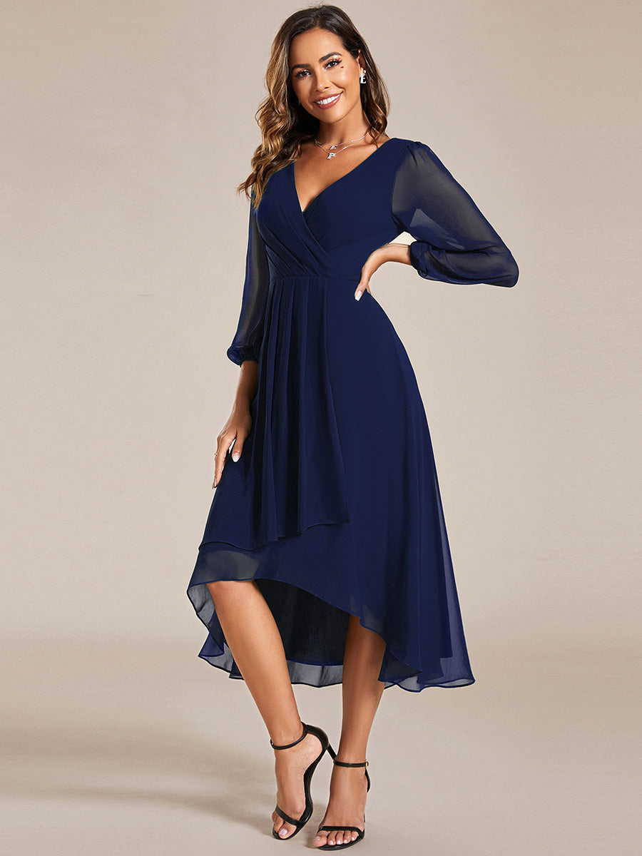 Color=Navy Blue | Bulk Order Long Sleeve Asymmetrical Hem Deep V-Neck Non-Stretch Wedding Guest Dresses-Navy Blue 55