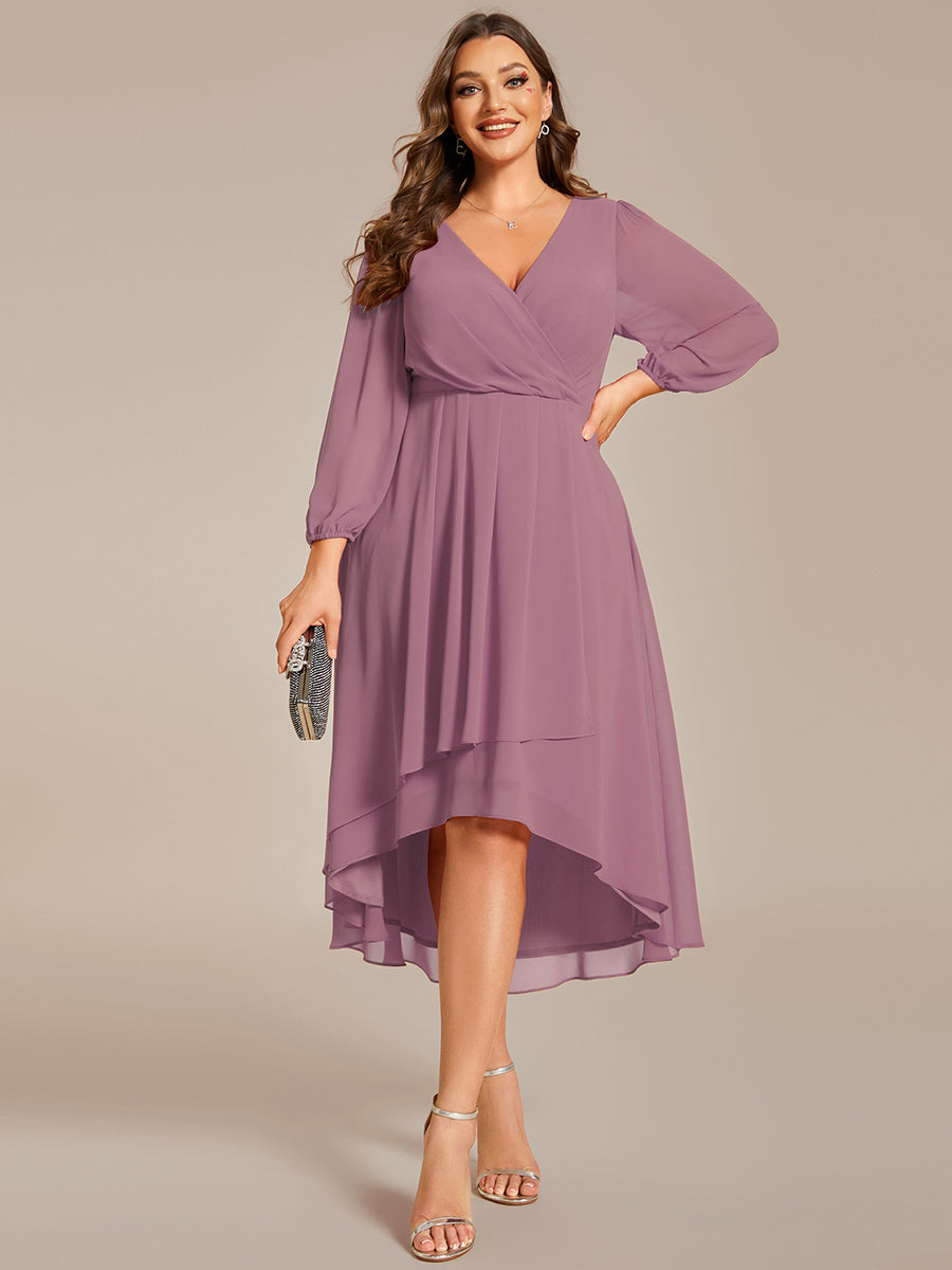 Color=Purple Orchid | Bulk Order Long Sleeve Asymmetrical Hem Deep V-Neck Non-Stretch Wedding Guest Dresses-Purple Orchid 66