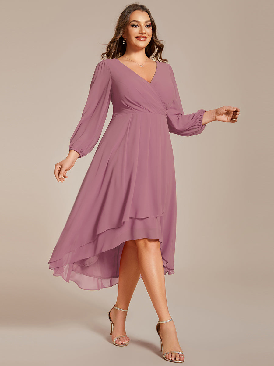 Color=Purple Orchid | Bulk Order Long Sleeve Asymmetrical Hem Deep V-Neck Non-Stretch Wedding Guest Dresses-Purple Orchid 69