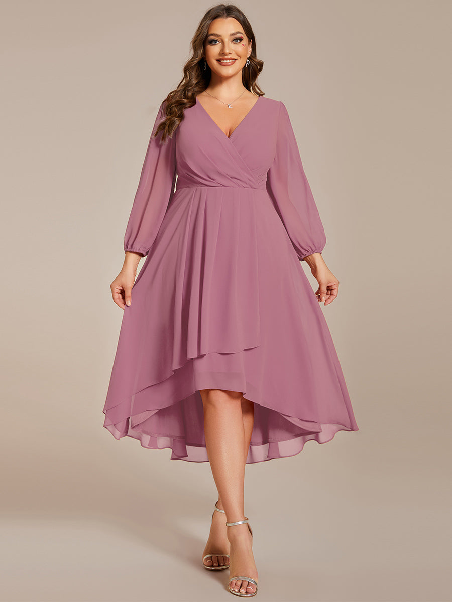 Color=Purple Orchid | Bulk Order Long Sleeve Asymmetrical Hem Deep V-Neck Non-Stretch Wedding Guest Dresses-Purple Orchid 70
