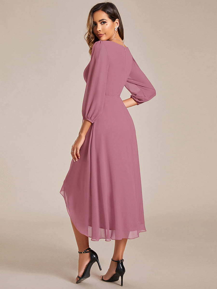 Color=Purple Orchid | Bulk Order Long Sleeve Asymmetrical Hem Deep V-Neck Non-Stretch Wedding Guest Dresses-Purple Orchid 62