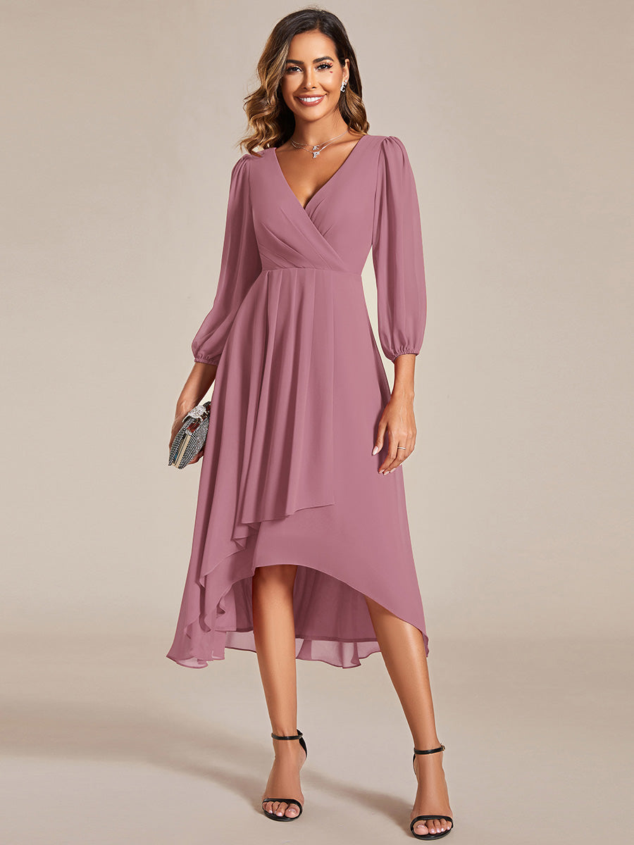 Color=Purple Orchid | Bulk Order Long Sleeve Asymmetrical Hem Deep V-Neck Non-Stretch Wedding Guest Dresses-Purple Orchid 65