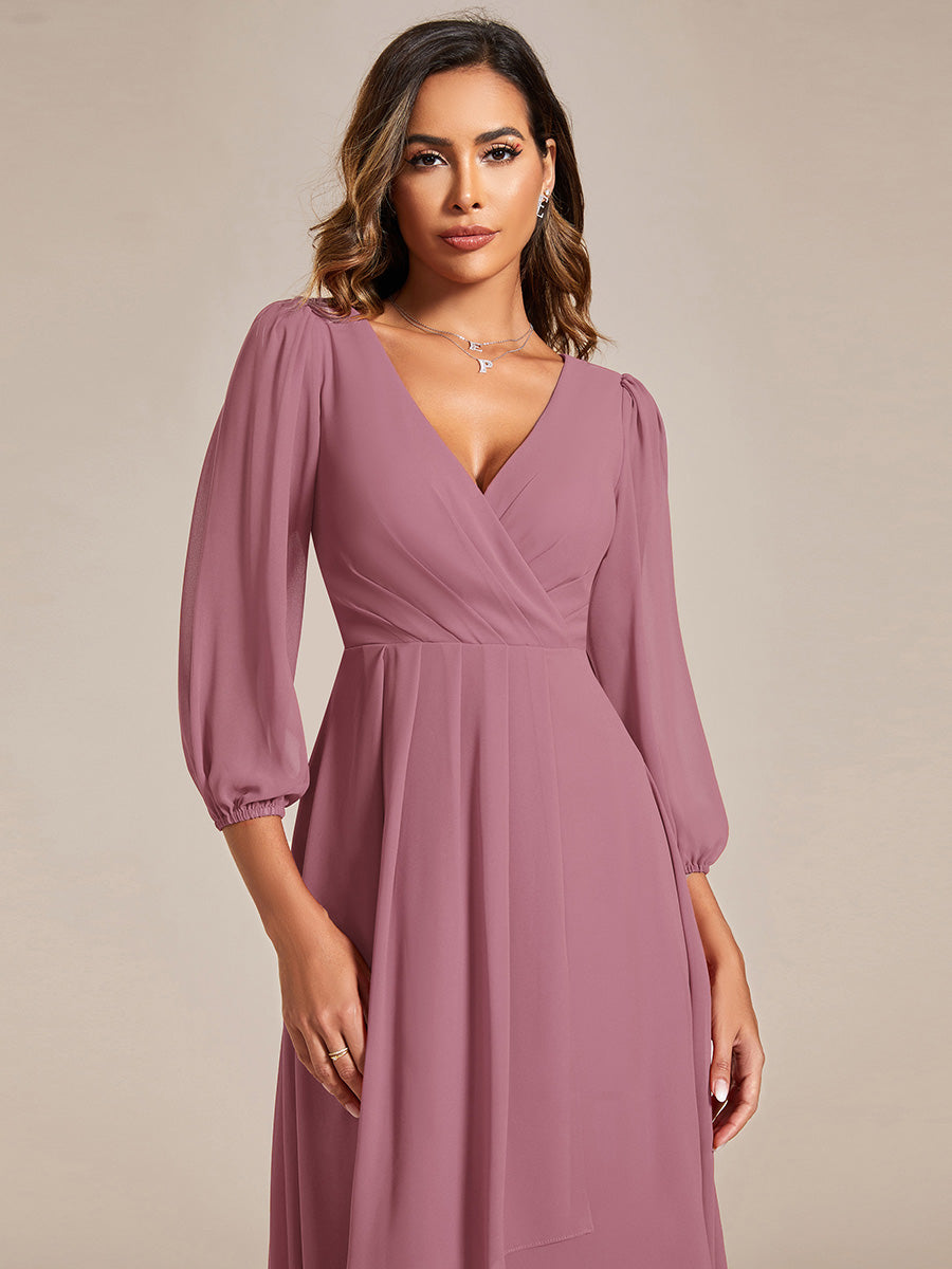 Color=Purple Orchid | Bulk Order Long Sleeve Asymmetrical Hem Deep V-Neck Non-Stretch Wedding Guest Dresses-Purple Orchid 63