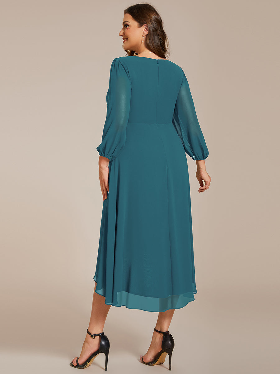 Color=Teal | Bulk Order Long Sleeve Asymmetrical Hem Deep V-Neck Non-Stretch Wedding Guest Dresses-Teal 77