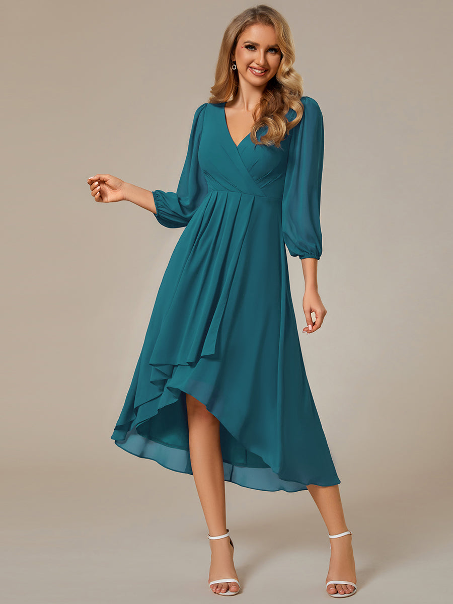 Color=Teal | Bulk Order Long Sleeve Asymmetrical Hem Deep V-Neck Non-Stretch Wedding Guest Dresses-Teal 71