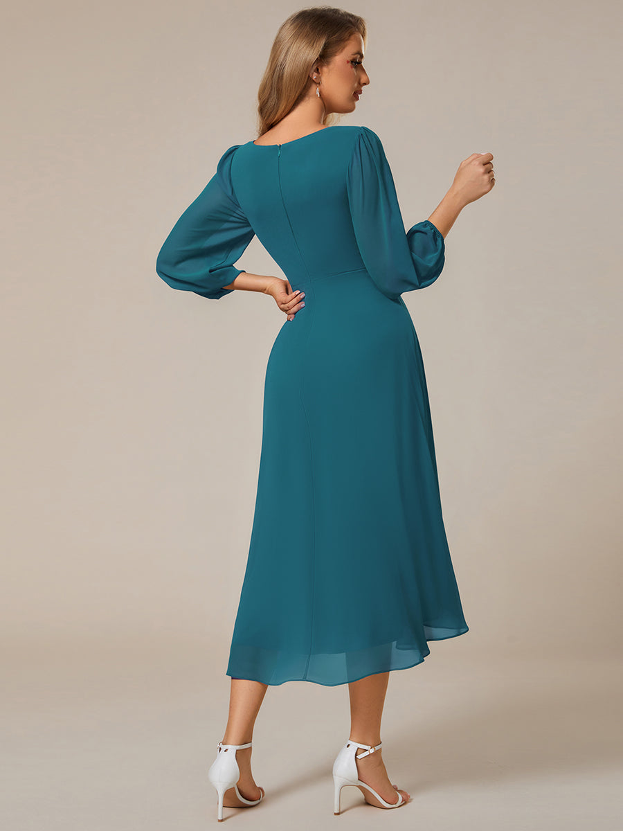 Color=Teal | Bulk Order Long Sleeve Asymmetrical Hem Deep V-Neck Non-Stretch Wedding Guest Dresses-Teal 72