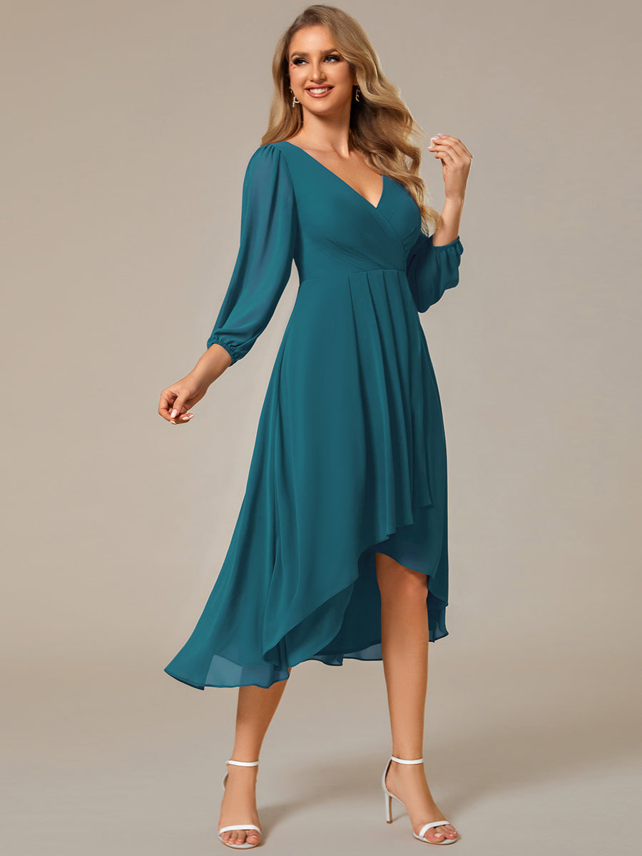 Color=Teal | Bulk Order Long Sleeve Asymmetrical Hem Deep V-Neck Non-Stretch Wedding Guest Dresses-Teal 74