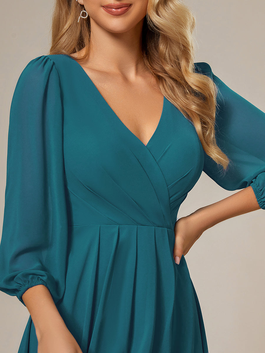 Color=Teal | Bulk Order Long Sleeve Asymmetrical Hem Deep V-Neck Non-Stretch Wedding Guest Dresses-Teal 73