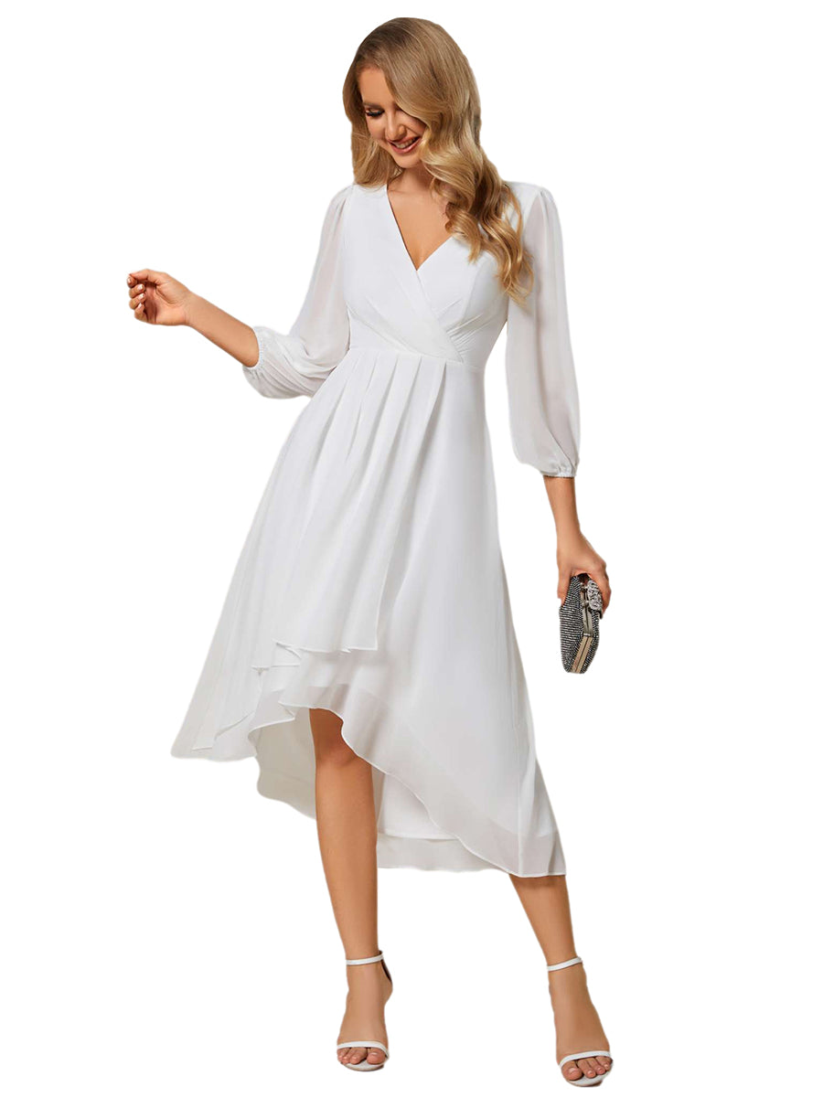 Color=White | Bulk Order Long Sleeve Asymmetrical Hem Deep V-Neck Non-Stretch Wedding Guest Dresses-White 2