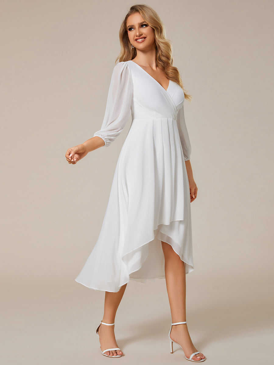 Color=White | Bulk Order Long Sleeve Asymmetrical Hem Deep V-Neck Non-Stretch Wedding Guest Dresses-White 4