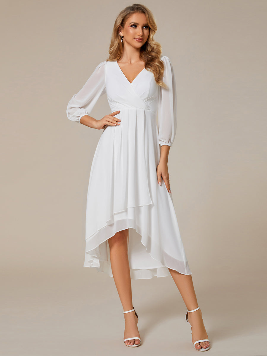 Color=White | Bulk Order Long Sleeve Asymmetrical Hem Deep V-Neck Non-Stretch Wedding Guest Dresses-White 5