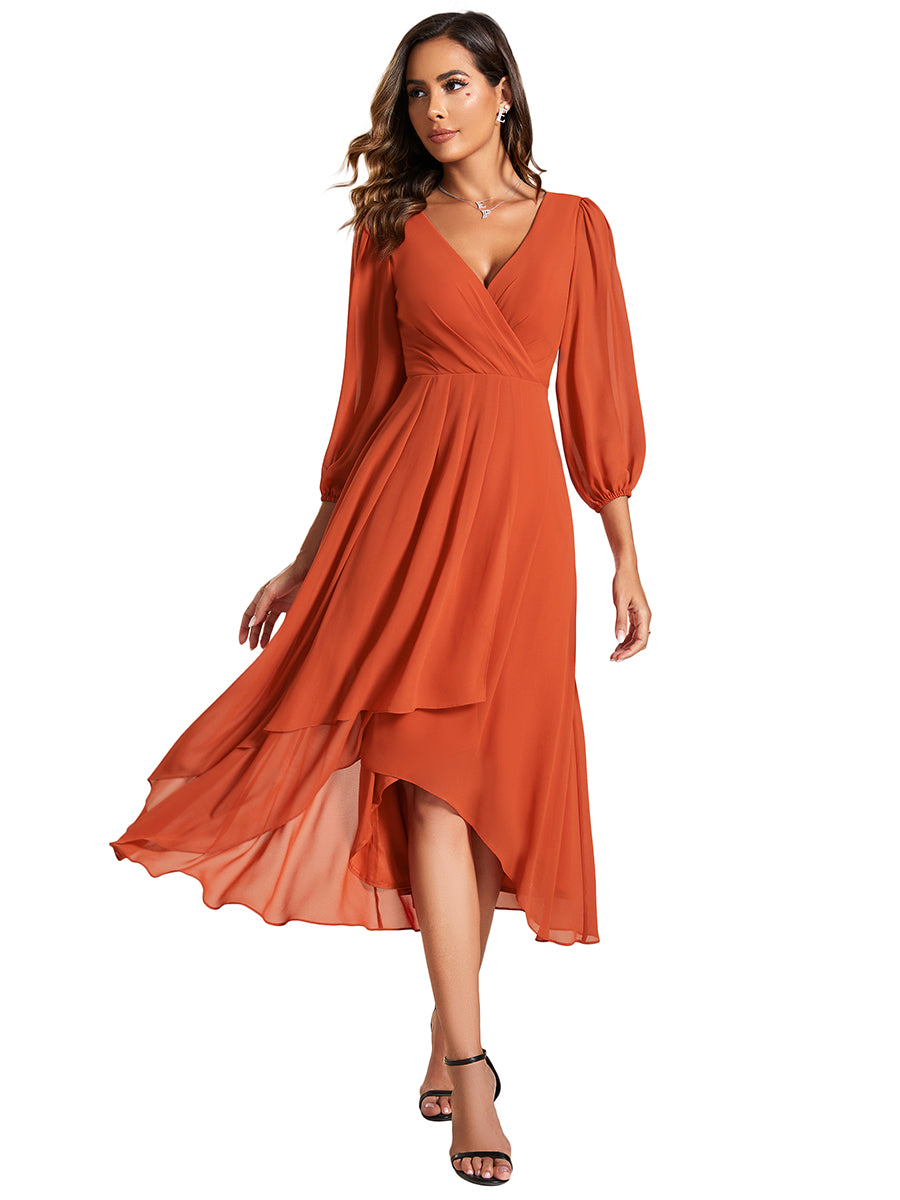 Color=Burnt Orange | Bulk Order Long Sleeve Asymmetrical Hem Deep V-Neck Non-Stretch Wedding Guest Dresses - Burnt Orange 2