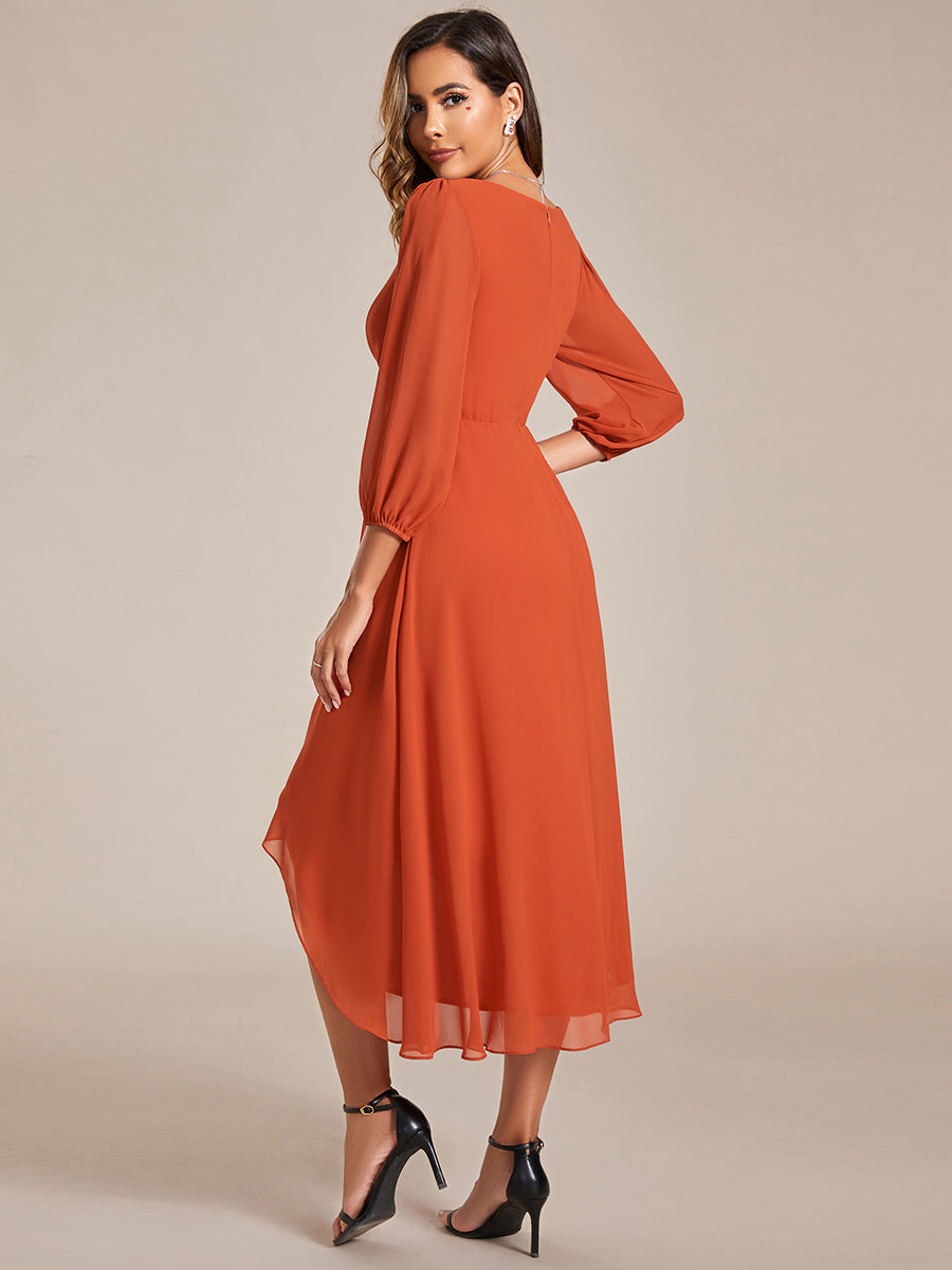 Color=Burnt Orange | Bulk Order Long Sleeve Asymmetrical Hem Deep V-Neck Non-Stretch Wedding Guest Dresses - Burnt Orange 3