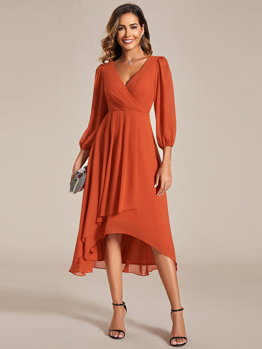 Color=Burnt Orange | Bulk Order Long Sleeve Asymmetrical Hem Deep V-Neck Non-Stretch Wedding Guest Dresses - Burnt Orange 5