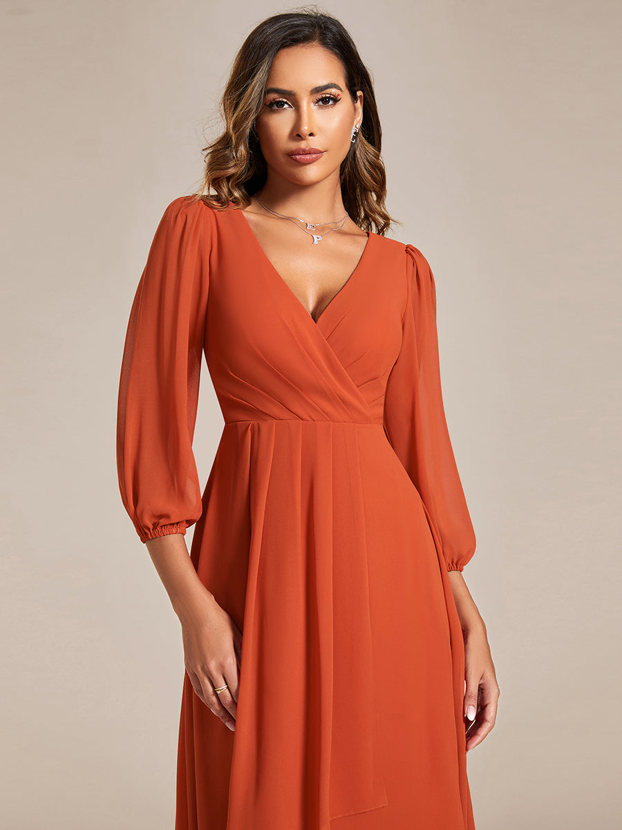Color=Burnt Orange | Bulk Order Long Sleeve Asymmetrical Hem Deep V-Neck Non-Stretch Wedding Guest Dresses - Burnt Orange 6