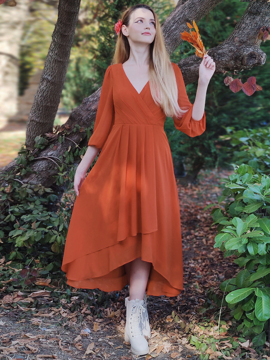 Color=Burnt Orange | Bulk Order Long Sleeve Asymmetrical Hem Deep V-Neck Non-Stretch Wedding Guest Dresses - Burnt Orange 8
